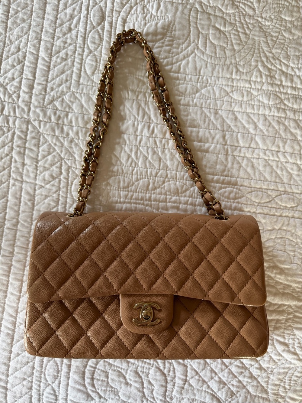 CHANEL Quilted Shoulder Bag in Light Brown with Gold Hardware